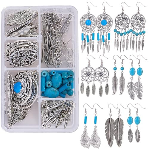 SUNNYCLUE 1 Box DIY 8 Paar Bohemian Feather Dream Catchers Starter Kit Zur Herstellung von Ohrringen Mit Feather Charm Connector Türkis Edelsteine Perlen Ohrringhaken Schmuckzubehör Anleitung