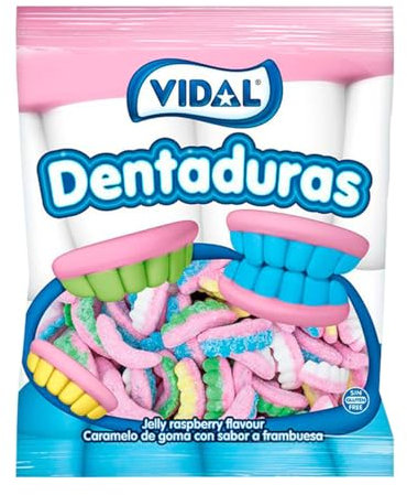 Vidal Golosinas. Dentaduras Pica Originales. Gominolas en forma de dentadura sabor frambuesa con cobertura ácida. Colores blanco, azul, verde, amarillo y rosa. Sin gluten ni grasa. Bolsa 250 u
