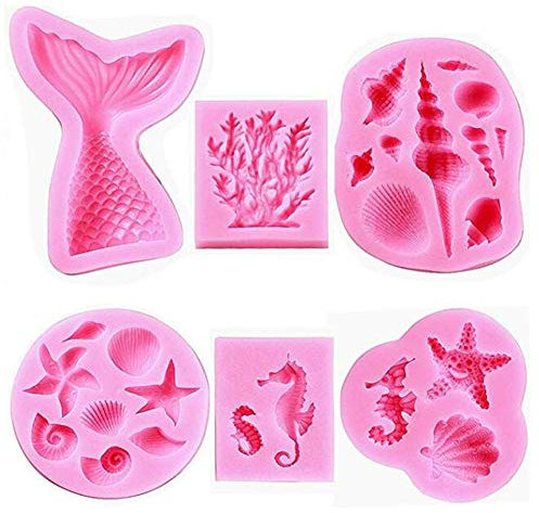 DUBENS Lot de 6 moules en silicone pour fondant - Thème marin - Coquillage - Queue de sirène - Hippocampe, étoile de mer, corail - Outils de pâtisserie faits à la main - Pour décoration de gâteau