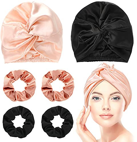 Blulu SDE-Haarmütze, 6 Stück, aus Seide, zum Schlafen und Haargummi aus Naturseide, weiche Seidenhaarkappe, Schlafmütze für Damen, elastisch, aus Seide (Rosa, Schwarz, Roségold)