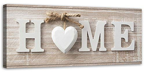 Feeby Quadro Tela Non Tessuta Iscrizione Home Shabby Chic 70x25 cm Qualita Fotografica Stampa D'Arte Camera Da Letto Rustico Vintage Retro Cuore beige