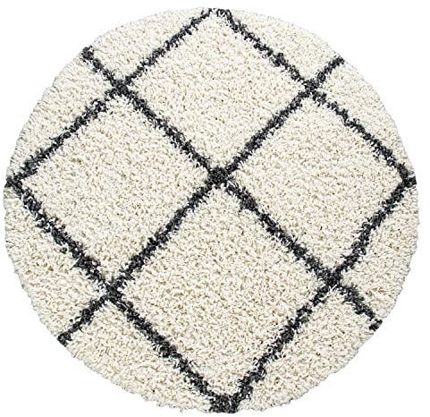 TT Home Wohnzimmer Teppich Hochflor Langflor Schlafzimmer Modern Soft Skandi Rauten Design Creme, Farbe: Creme, Größe:200 cm Rund