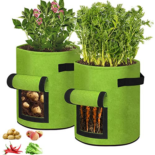 YRHome 2 Stück Pflanztasche Kartoffeln Pflanzen Tasche 7 Gallonen Pflanzsack Kartoffelsack Pflanzbeutel Vliesstoff Tomaten Pflanztopf mit Klettfenster Griffen für Blumen Kartoffeln Pflanzen Grün