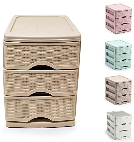 Plastic Desktop Storage Unit with Drawers, Stationary Arts Drawer Desktop Tabletop Organiser Storage Tower Unit for Office Bedroom Garage ((17 x 13.5 x 17cm - 3 Drawers Rattan Taupe))