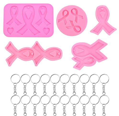 WANDIC Lod de 5 Moule Octobre Rose, Moule Ruban Rose de Silicone Cancer du Sein avec 20 Pièces Porte-clés Accessoires de Bijoux Decoration Pour Bricolage Collier Pendentif Boucles d'oreilles