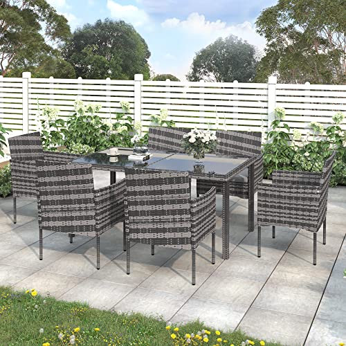 Rattan-Gartenmöbel-Set, 6-Sitzer, Esstisch und gepolsterte Stühle, Hocker für den Außenbereich, Terrasse und Wintergarten, Terrassenmöbel, Grau