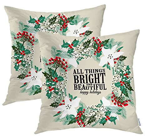 Batmerry Christmas Wreath Throw Pillow Covers,Poinsettia Holly Pine Happy New Year Decorative Pillow Covers Digital Printing Blended Fabric for Couch Sofa Bed Invisible Zipper 18X18 in
