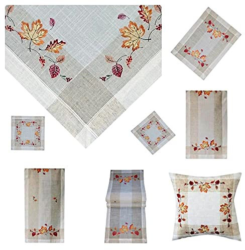 Tischdecke Mitteldecke Tischläufer Deckchen Kissenhülle Herbst 15% Leinen beige Bestickt mit Ahorn und Buchen Blättern ín herbstlichen Farben (85 x 85 cm)
