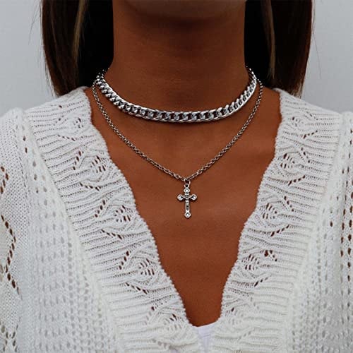 Inateannal Chunky Silber Halskette Punk Kreuz Anhänger Choker Halskette Geschichtet Cuban Link Kette Halskette Hip-Hop-Schmuck Für Frauen Und Jugendliche Mädchen