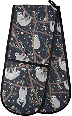 Double Oven Gloves Cute Sloth Hanging on The Tree Heat Resistant Pot Holder Oven Mitt Gloves for BBQ Cooking Baking Grilling Microwave