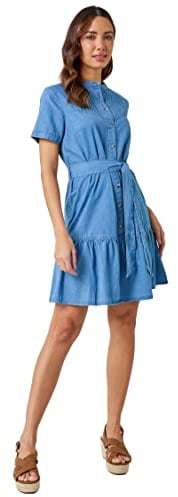 Roman Originals Belted Cotton Denim Frill Hem Dress for Women UK - Ladies Everyday Holiday Spring Summer Collarless Shirt Neckline Comfy Soft Evening Vacation Work Party - Light Denim - Size 20
