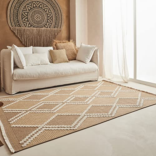 Nazar Tapis, Tapis Salon Nature Aspect Jute Chiné Motif Moderne Style Boho, Tapis pour Salon, Chambre, Terrasse, Exterieur, Couleur Naturelle (9048 Jaune, 120x170 cm)