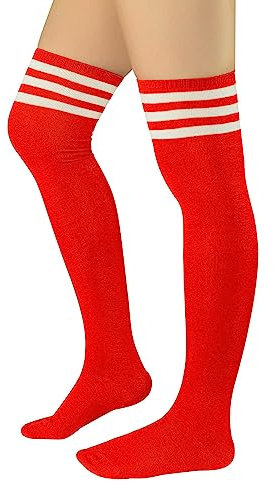 Durio Kniestrümpfe Damen Overknee Socken Lange Strümpfe Überknie Gestreift Socken Kniestrümpfe Karneval Halloween Kostüm Cosplay Kostüm Mädchen Rot mit Weiße Streifen Einheitsgröße