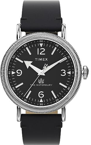 Timex Waterbury Herren-Armbanduhr, 40 mm, schwarzes, zweiteiliges Lederarmband mit Schnellverschluss, schwarzes Zifferblatt, silberfarbenes Gehäuse TW2W20200