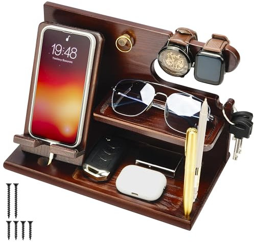 Belle Vous Docking Station Legno Marrone Scuro - Organizer Comodino - Supporto Telefono, Portafoglio, Orologio, Chiavi e Gadget - Regalo Uomo Tecnologico per Compleanno - Accessori Marito/Papà