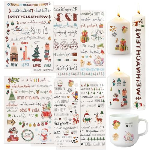Kerzentattoos Weihnachten, 6 Stück Kerzentattoo Wassertransferdruck, Weihnachten Kerzenfolie, Kerzenaufkleber, Kerzentattoos Weihnachten Deko, Kerzensticker für Kerzen Tasse DIY Geschenk