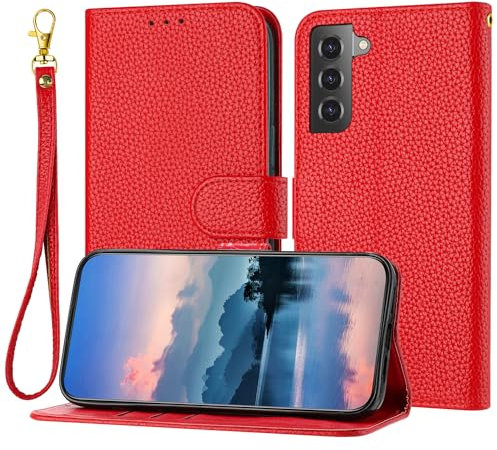 Bear Village Coque pour Samsung Galaxy S22+ / S22 Plus avec Cordon, Antichoc Coque en Cuir PU, Pochette de Portefeuille Coque pour Galaxy S22+ / S22 Plus, Rouge