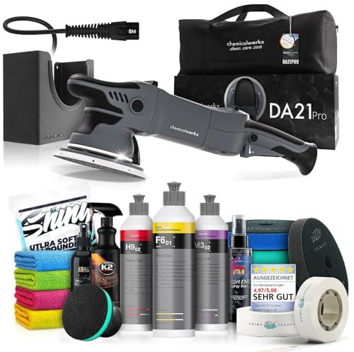 Poliermaschinen Set: chemicalworkz DA21 Pro Exzenter Poliermaschine + Koch Chemie Politur Set + ZviZZer Thermo Polierpads + Dr. Wack Versiegelung für Lack + Zubehör | 21-teilig