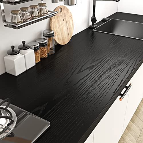 Livelynine Papier peint autocollant autocollant en vinyle grain de bois noir pour armoires, bureaux, meubles de cuisine, comptoirs de cuisine, 61 x 1000,8 cm