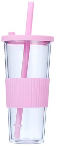 Tumblers Smoothie Cups Double Walled Cold Cup with Lid and Straw Iced Coffee Cups Double Walled Insulated Travel Mugs Reusable Colorful Acrylic Party Takeaway Tumbler Bottle 710ml