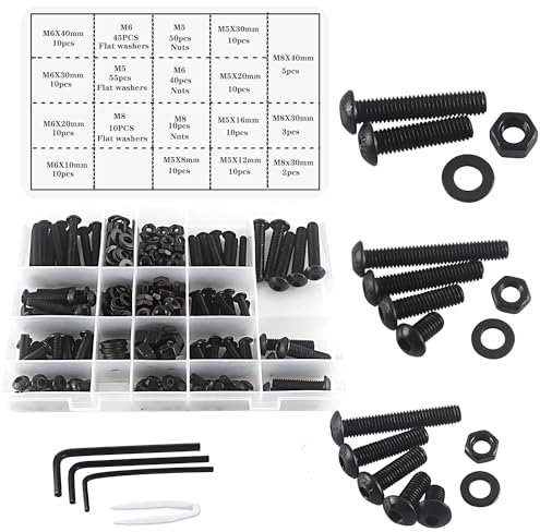 huruirui M5 M6 M8 Muttern und Schrauben Set Linsenkopfschrauben Innensechskantschrauben Kit, Unterlegscheiben Sortiertes Set,310Stück Gewindemaschine Sechskantschrauben Verschluss Kit Schwarze