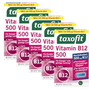 taxofit B12 500 Tabletten | für Energie & geistige Leistung | 5 x 30 St | Hochdosiertes Vitamin B12 für den Energiestoffwechsel, verringert Müdigkeit, kleine Mini-Tabletten, für Vegetarier & Veganer