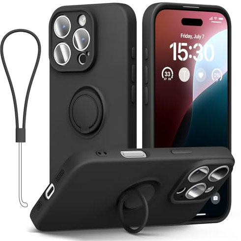 abitku for iPhone 16 Pro Max Case with Ring Stand, Liquid Silicone Slim Design Support Magnetic Car Mount (with Wrist Strap Lanyard) Phone Cover for iPhone 16 Pro Max 6.9 inch (Black)