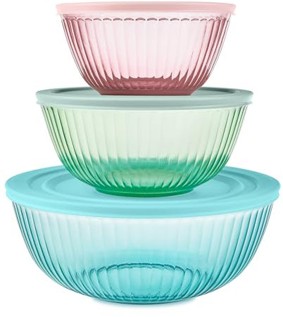 Pyrex Colors Sculpted Tinted Glass Mixing Bowls Complete Set with Lids, Space Saving Bowl Set for Prep and Baking, 1.3 Quart, 2.3 Quart, and 4.5