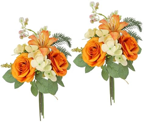 Flair Flower Lot de 2 Bouquets de Roses artificielles lys et hortensias en Soie - 35 cm - Décoration de Table - Décoration funéraire - Orange
