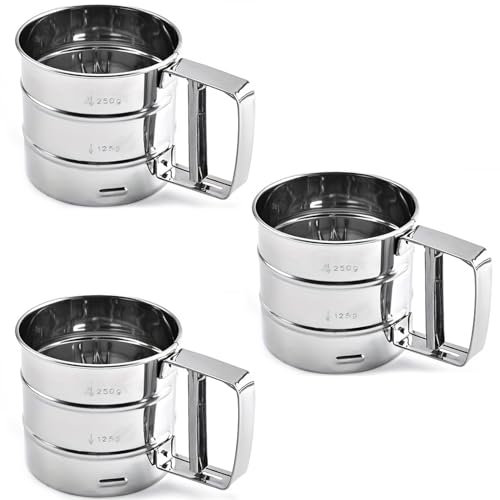 Cobenga 3 Pcs Flour Sifter, Stainless Steel Hand Held Flour Sifter, Flour Shaker Cup Fine Mesh Flour Sieve One Hand Flour Sifter Powder Sugar Sifter for Baking for Icing Sugar Cake Flour