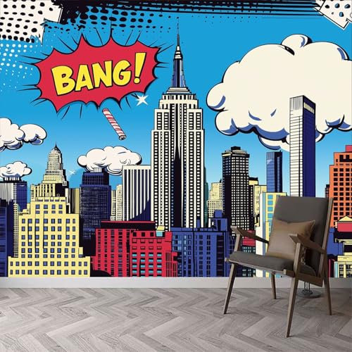 Photo Wallpaper Comic New York City Skyline 150 x 105 cm - Non-Woven Premium Art Print Fleece Wall Mural Decoration Poster Picture Design- 3D Effect Living Room Background Empire State Building