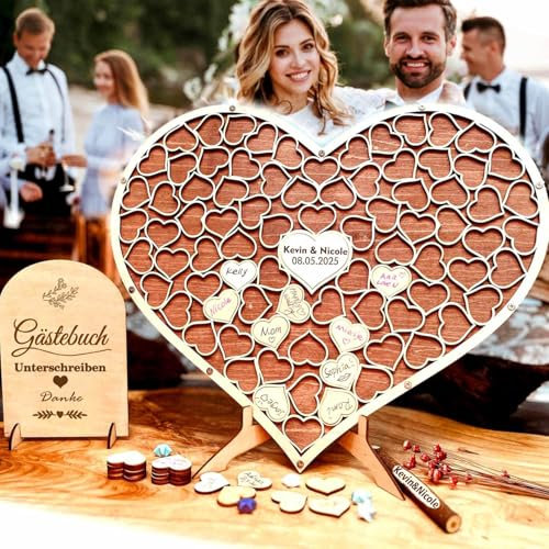 Neamon Hochzeit Gästebuch aus Holz Herzform Alternative Gästebuch Geburtstag Taufe Graduierung Dekoration Holz Puzzle mit 83 Holzherzen 1 Zeichen Stift Set (Goldweizen)