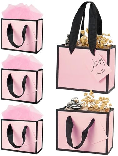 5 Stück Geschenktüten klein mit Seidenpapier und Geschenkanhänger, 18 × 10 × 16cm Rosa Papiertüten klein Geschenktaschen für Geburtstag Hochzeit Babyparty
