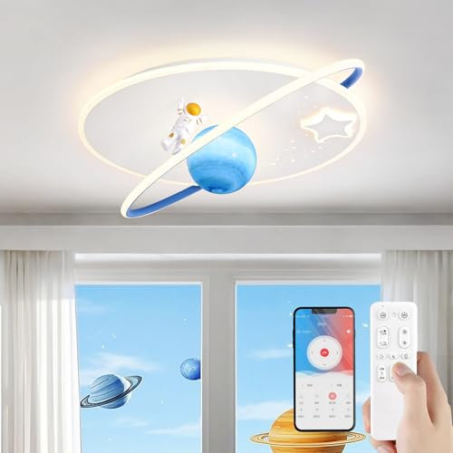 AHXIAOZN LED Kinder Deckenlampe, 50cm Mond Astronaut Deckenleuchten, Kinderzimmerlampe Stufenloses Dimmen mit Fernbedienung, Schlafzimmer Decke Lampe Für Jungen und Mädchen Zimmer(Ovale, Blaue Kugel)