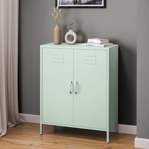 skølm Kommode Atria pastellgrün, Sideboard für Wohnzimmer, Metall Kommode mit Doppeltür, Metallschrank, Mehrzweckschrank Größe 100x80x38 cm