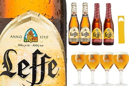 Leffe Mini Kit Duo Birra Blonde e Rouge, 4 x 33 cl | 4 calici 0,25, 1 apri bottiglia, Normal, Classico