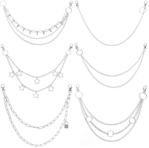 Silberkette Gürtel, 6 Stück Jeans Hosen Ketten Tasche Punk Hip Hop Y2k Goth Zubehör Metall Geldbörse Kette für Männer Frauen, silber, Einheitsgröße