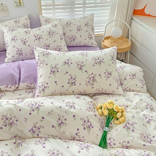 Nyescasa Housse de Couette 140x200 Fleurs Fleurie Violet Blanc Floral Réversible Parure de lit Adulte 1 Personne Parure Housse Couette en Microfibre avec Fermeture Éclair et 1 Taie d'oreiller 65x65 cm