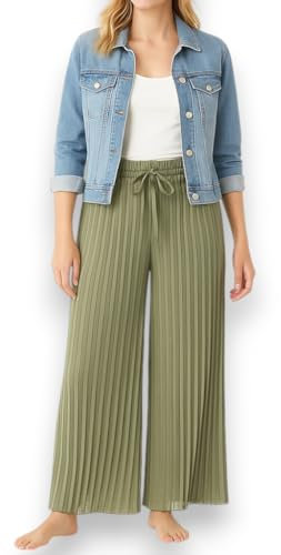 Plissee Hose Damen Gelb – Sommerhose mit weitem Bein & Gummibund – Luftige Strandhose mit Unterhose – Einheitsgröße S-XL (DE/NL/SE/PL, Alphanumerisch, Einheitsgröße, Regular, Regular, 1, Khakigrün)
