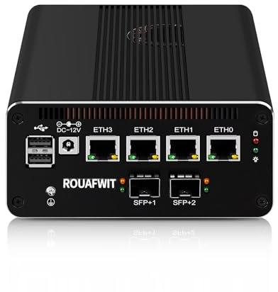 ROUAFWIT Mini PC Dual 10Gbe N150(Upgard N100) Firewall Hardware, 2 x SFP+ 10Gbps, 4 x 2.5Gbe i226-V Lan with Filter Connector, DDR5 8G RAM 128G NVME SSD, AES-NI, SIM, TF, 3 Display