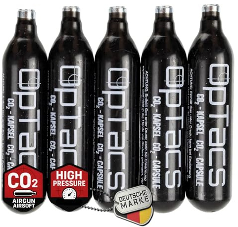 OpTacs CO₂-Kapseln 12g – 5 Stück – für Airsoft, Softair und Luftdruckwaffen – sauber versiegelt, konstante Leistung, rückstandsfrei, korrosionsgeschützt, 12g-System kompatibel
