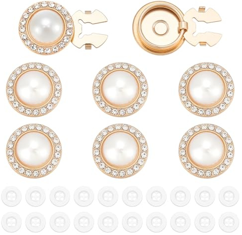 CRAFTMELODY 8 couvre Bouton en Alliage avec Perles et Strass Rond et Plat Blanc avec 20 boutons en Plastique Sans Couture
