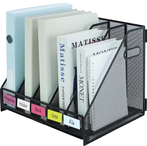 HIHOBDAY Desk Organizers Metal Desk Magazine File Holder Rack File Organizer for Office Desktop,Home Workspace,5 Vertical Compartments