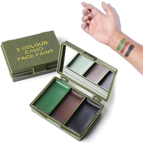 YIPFEN 1 pièce Maquillage du visage, Camouflage avec miroir, 3 couleurs de Camouflage, Kit de Peinture Visage, Mini kit de peinture de visage, Maquillage militaire, (Noir, Vert, Marron)
