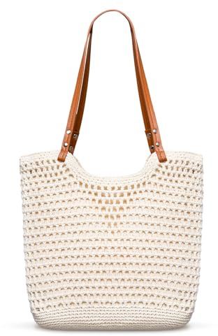 Toptime Gehäkelt Strandtasche Damen, Gewebte Strand Tote Bag mit Reißverschluss & Ledergriff, Leichte Boho Häkeltaschen mit Auslaufdichter Ausstattung, Somer Handtasche Damen für Reisen Urlaub