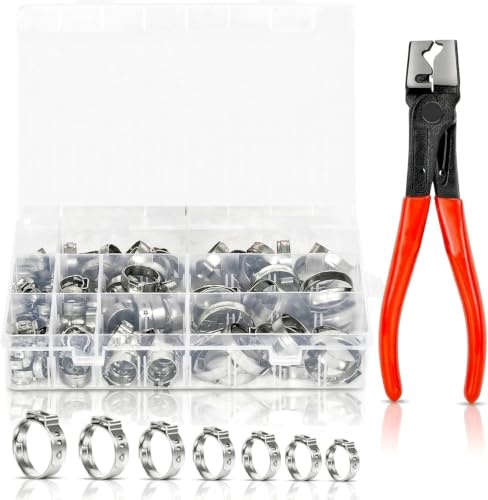 Eulihent Lot de 130 Collier De Serrage Inox 5,8 à 21 mm Colliers de Serrage à Oreille Unique avec Pinc pour Canalisations, Conduites de Carburant et Automobile (Argent)