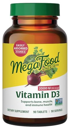 MegaFood Vitamin D3 2000 IU (50 mcg) - Vitamin D Supplements With Real Food, Immune Support, Supports Bones, Teeth & Muscles, Vegetarian, Certified Non-GMO, Kosher – 90 Tablets, 90 Servings