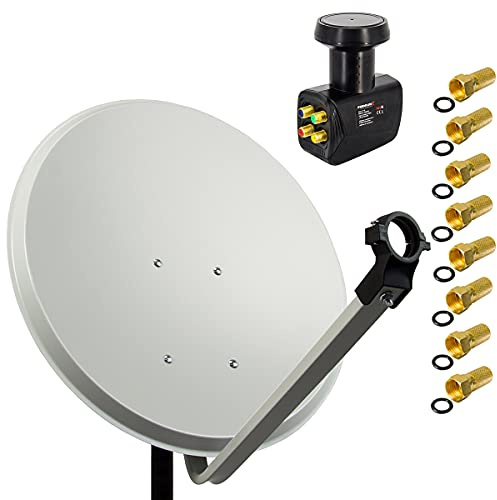 PremiumX Satelliten-Komplettanlage 60cm Satellitenschüssel Stahl Hellgrau Satellitenantenne SAT Quad LNB 8X F-Stecker bis 4 Teilnehmer