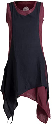 Vishes - Alternative Bekleidung - Ärmelloses Zipfeliges Lagenlook Kleid/Tunika aus handgewebter Baumwolle dunkelrot-schwarz 36