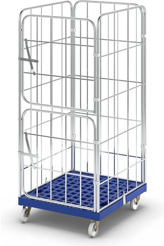 Certeo E.S.B. Rollbehälter mit Kunststoff-Rollplatte, 4-seitig, galvanisch verzinkt, 2 halbe Vorderwände, einzeln schwenkbar - Möbelroller, Rollcontainer, Truck, Materialhandlingwagen, Blau